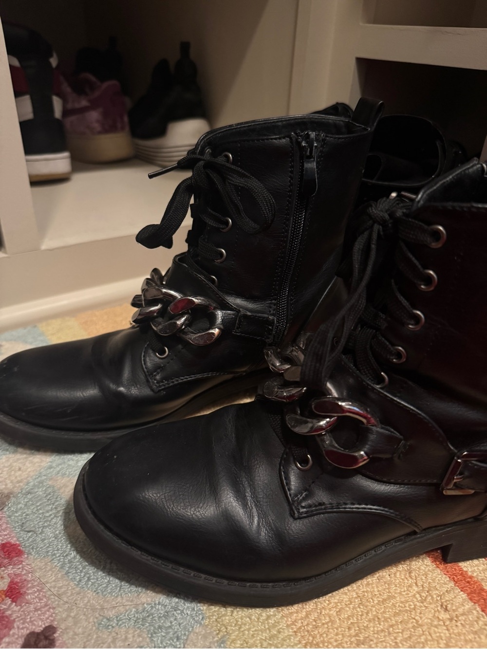 Black Women's Lace-Up Combat Boots with Chain Accent